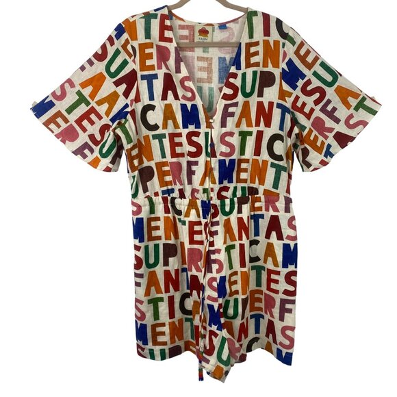 FARM Rio Pants - Farm Rio Breezy Romper Oatmeal/Multicolor Alphabet Linen Blend Women's SZ XL